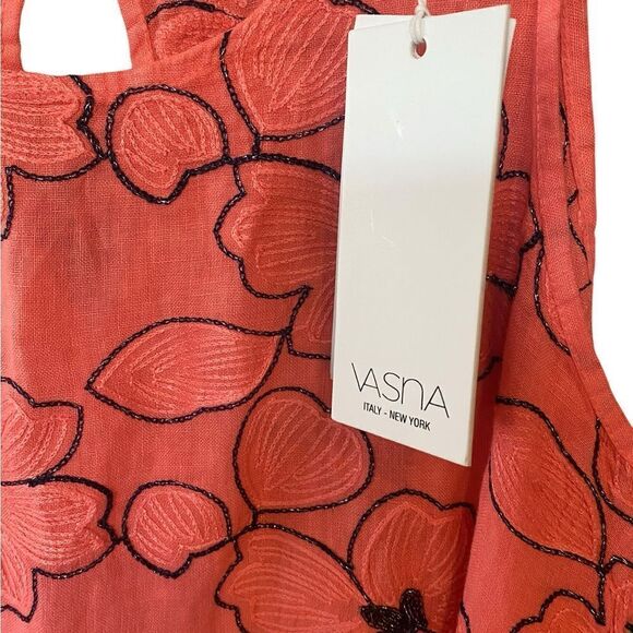 Vasna NWT Sz L Orange Blue Metallic Embroidered Floral Linen Italian Dress - Picture 7 of 9